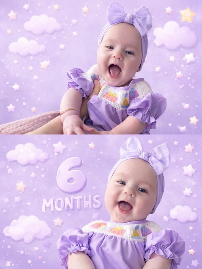 Baby Delilah in a purple outfit with stars, smiling